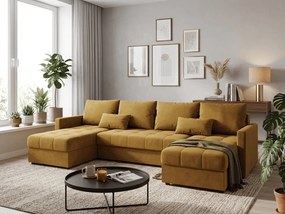 Rozkładana sofa narożna w kształcie U VENORIA 285x146 cm, musztardowa + 2 poduszki GRATIS