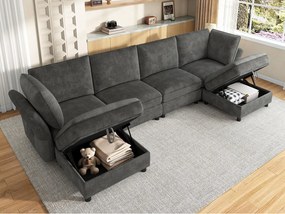 Modułowa sofa narożna U/L 6-7-osobowa z 2 pufami ze schowkiem, sofa „Efekt Chmury” z miękkiej i ergonomicznej szenili - szary