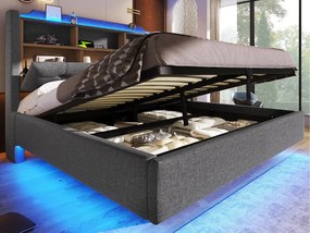 Łóżko tapicerowane ze schowkiem 140x200 cm - z oświetleniem LED - wyposażone w interfejs USB + Type-C - tkanina lniana - szary (materac nie jest wliczony w cenę)