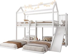 Łóżko piętrowe 90x200cm dla 3 dzieci - zjeżdżalnia z otwartymi półkami - z drewna sosnowego i MDF - Białe