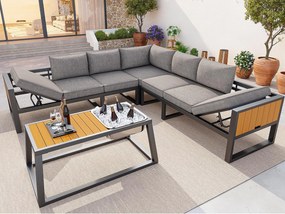 Salon ogrodowy - 6 osób - ze stali ocynkowanej - kanapa narożna - ze stolikiem kawowym - blat z tworzywa drewnopodobnego - i metalowym kubkiem na lód, Szary