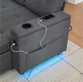 Sofa rozkładana 3-osobowa - 208 x 146 x 89,5 cm - ze zintegrowaną przestrzenią do przechowywania + diody LED - Materiał - szary