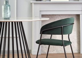 Nowoczesny okrągły stół Bronx 110 cm z blatem MDF imitującym biały marmur na stożkowej metalowej czarnej podstawie