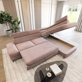Masseno Narożnik AVISE z funkcją spania i pojemnikiem na pościel Narozniki L, Rozkładana sofa - Pudrowy róż, MATT VELVET 61