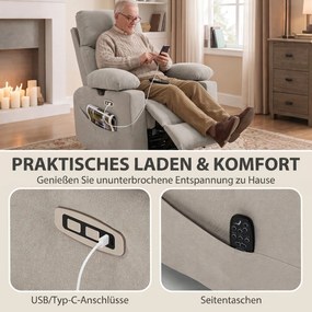 HOMCOM Elektryczny fotel relaksacyjny z funkcją obrotu i kołysania, masaż i ogrzewanie, 3D-podłokietniki, złącza USB-C/USB, jasnoszary | Aosom PL