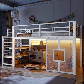 Metalowe łóżko piętrowe dla dzieci - 90 x 200 cm - ze schodami + schowkiem + diodami LED + oknami - białe