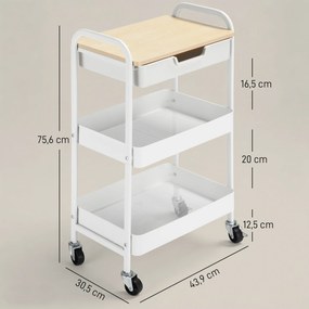 HOMCOM Wózek kuchenny na kółkach, 2 półki, szuflada, półka, 4 kółka, uchwyty, stal, Biały