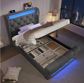 Łóżko z pojemnikiem 90x200 cm, szary aksamit, łóżko pojedyncze z oświetleniem LED i portem USB – materac nie jest wliczony w cenę