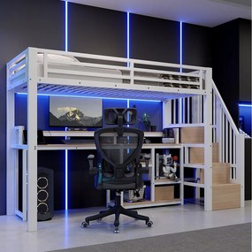 Metalowe łóżko piętrowe 90 x 200 cm z półkami, oświetleniem LED i portami USB i typu C – metal + płyta MDF – białe (materac nie jest dołączony)