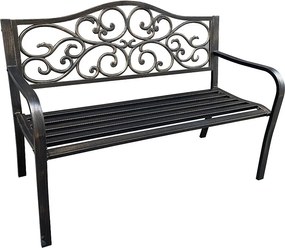 Brązowa ławka ogrodowa IRGA ze stalowymi nogami i żeliwnym oparciem szerokość 127 cm