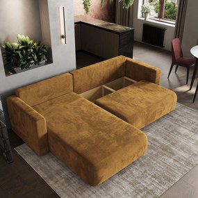 Masseno Narożnik TURIN z funkcją spania i pojemnikiem na pościel Narozniki L, Rozkładana sofa - Żółty, MONOLITH 48