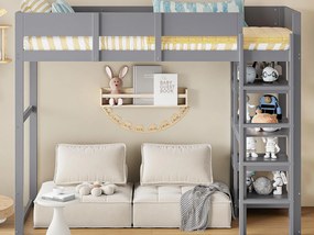 Łóżko mezzanine 90 x 200 cm - z drabiną - z półkami do przechowywania - drewno lite - z stelażem na materac - szare (materac nie jest w zestawie)