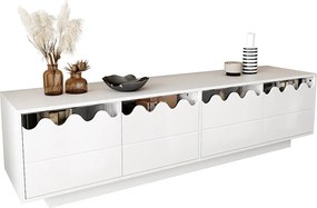 Nowoczesna szafka RTV z 4 drzwiami i falistym wzorem - 170 x 40 x 45 cm - stylowa przestrzeń do przechowywania w salonie - MDF + płyta wiórowa - biała