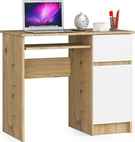 Biurko komputerowe AKORD PIKSEL Dąb Artisan 90 cm prawe 1 drzwi 1 szuflada kolor Biały mat 3 półki 90x50x77 cm