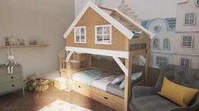 Łóżko piętrowe domek Marulla 110P z oknami, schodkami i barierkami