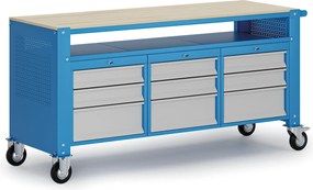 Mobilny stół warsztatowy G9, 1 górna półka, 9 szuflad, 1690 x 595 x 865-1130 mm, szary/niebieski