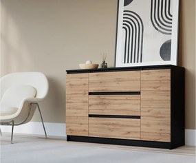 Komoda: Czarny Mat / Dąb Wotan, 120 x 78 x 39 cm, 2 drzwi, 3 szuflady