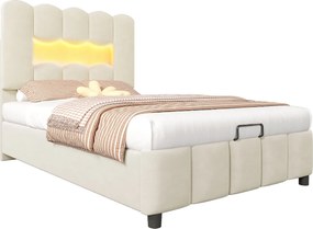 Tapicerowane łóżko z pojemnikiem 90×200 cm - z oświetleniem LED - regulowany zagłówek - aksamit - beżowe (materac nie jest zawarty)