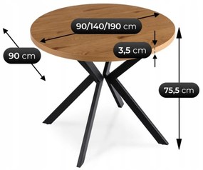 Stół Okrągły Rozkładany LUGO 90-190 cm Dąb Złoty/Czarny Loftowy