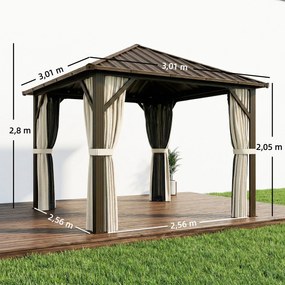 Outsunny Pawilon ogrodowy ok. 3 x 3 m aluminiowy z twardym dachem, moskitierą i 4 ścianami bocznymi, UPF50+ | Aosom PL