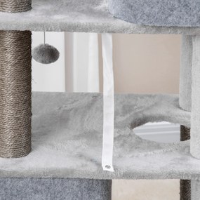 PawHut Drapak dla Kota Szary z 2 Domkami Platformami i Kula do Zabawy 60x40x142cm Bezpieczny i Stabilny | Aosom PL