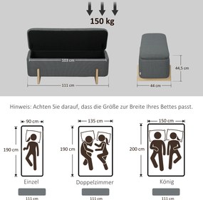 HOMCOM Hoker ze schowkiem, ławka z piankowym wypełnieniem, imitacja lnu, 111 x 44 x 44,5 cm, ciemnoszary