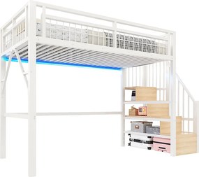 Łóżko na antresoli 140 x 200 cm - Konstrukcja stalowa - Oświetlenie LED - Drabina - Biały​ (materac nie jest wliczony w cenę)