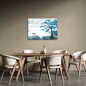 Obraz na szkle - Malowane jezioro z łódką (70x50 cm)