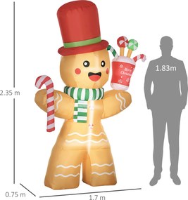 HOMCOM Nadmuchiwalny Piernikowy Człowiek, 2,35 m, z Oświetleniem LED, Wodoodporny, W zestawie wentylator, Wielobarwny, Dekoracja Świąteczna