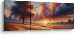 Obraz – Zachód słońca na polu (z zegarem) (90x30 cm)