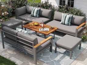 Zestaw mebli ogrodowych - zestaw mebli na 8 miejsc, meble ogrodowe z drewna litego, z żelaza galwanizowanego - 2 stołki, szary