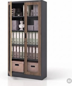 Witryna przeszklona metalowa wysoka z zamkiem antracytowa/orzech, 900x1850x400 mm: AMELIA Eco Design