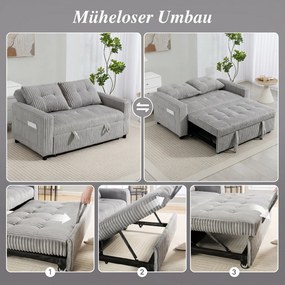 HOMCOM 2-osobowe łóżko-sofa, pokrycie sztruksowe, przekształcalne w sofę rozkładaną, 2 poduszki, kieszenie boczne, 157 x 190 cm, Jasnoszary | Aosom PL