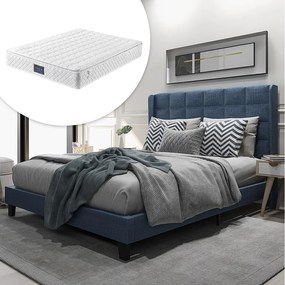 Łóżko tapicerowane z wezgłowiem - 140 x 200 cm - tkanina lniana - boxspring + materac - niebieskie