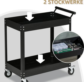 DURHAND Wózek Warsztatowy, 2 Półki, Na Kółkach, Stal, do 150 kg, 84,5 x 38 x 84 cm, Czarny