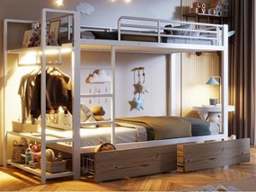 Łóżko piętrowe 90 x 200 cm - Konstrukcja metalowa - 2 szuflady - Kilka półek - Oświetlenie LED - Wieszak na ubrania - Biały​ (materac nie jest wliczony w cenę)