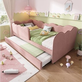 Łóżko kanapa 90x190 cm z wysuwanym łóżkiem i stelażem listwowym, welur różowy - bez materaca