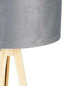 Lampa podłogowa drewniana z kloszem z tkaniny szary 50 cm - Tripod Classi Nowoczesny Oswietlenie wewnetrzne