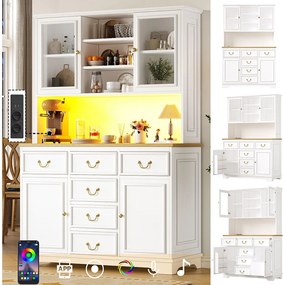 Kredens kuchenny - 118 x 40 x 180 cm - z 6 szufladami + drzwi + diody LED + półki - MDF - biały