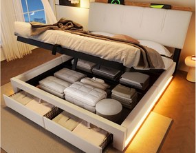 Tapicerowane łóżko z pojemnikiem 140x200 cm - z portem USB Type-C - z oświetleniem LED - len - beżowy​ (materac nie jest wliczony w cenę)