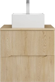 Szafka łazienkowa wisząca prążkowana z kwadratową umywalką nablatową i baterią – Jasny naturalny – 60 cm – ORISO