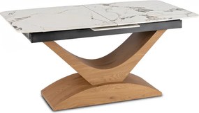 Zestaw Stół Rozkładany Ceramiczny ALICANTE 160-200 cm Biały Marmur/Dąb i 4 Krzesła Welurowe RODRI Beżowe