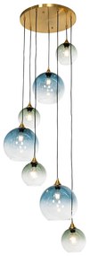 Lampa wisząca w stylu art deco mosiądz ze szklanym kloszem w kolorze niebieskim okrągła 7-światłowa - Sandra ArtDeco Oswietlenie wewnetrzne
