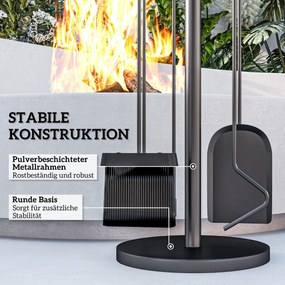 Outsunny Kominek zestaw narzędzi, 5-częściowy, miotła, łopata, szczypce, pogrzebacz i stojak, metal odporny na ogień, czarny