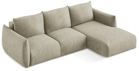 Beżowy rozkładany narożnik z tkaniny szenilowej (prawostronny/z szezlongiem) Leila – Makamii