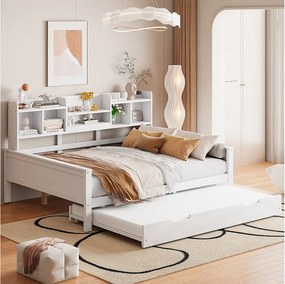 Łóżko pojedyncze z wysuwanym łóżkiem - 140 x 200 cm + 90 x 190 cm - Sofa rozkładana z miejscem do przechowywania - Sosna + sklejka + MDF - biały