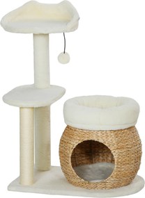 PawHut Drapak z jaskinią dla kota, piłką i platformą, trzcina/sizal, do 10 kg, 60 x 40 x 79 cm, kremowo-biały