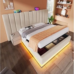 Łóżko małżeńskie ze skrzynią 180x200 cm z LED i ładowaniem USB/Type-C - Tkanina lniana - Maksymalne obciążenie 300 kg - Beż