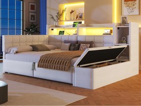 Sofa rozkładana z pojemnikiem 140 × 200 cm - z portami USB + Type-C - ławka do przechowywania u stóp łóżka - z paskiem LED - biały