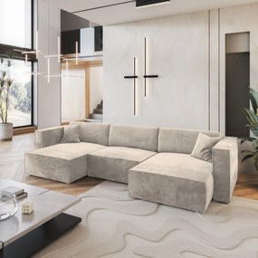 Masseno Narożnik SARMO z funkcją spania i pojemnikiem na pościel Narozniki U, Rozkładana sofa - Kremowy, MONOLITH 04